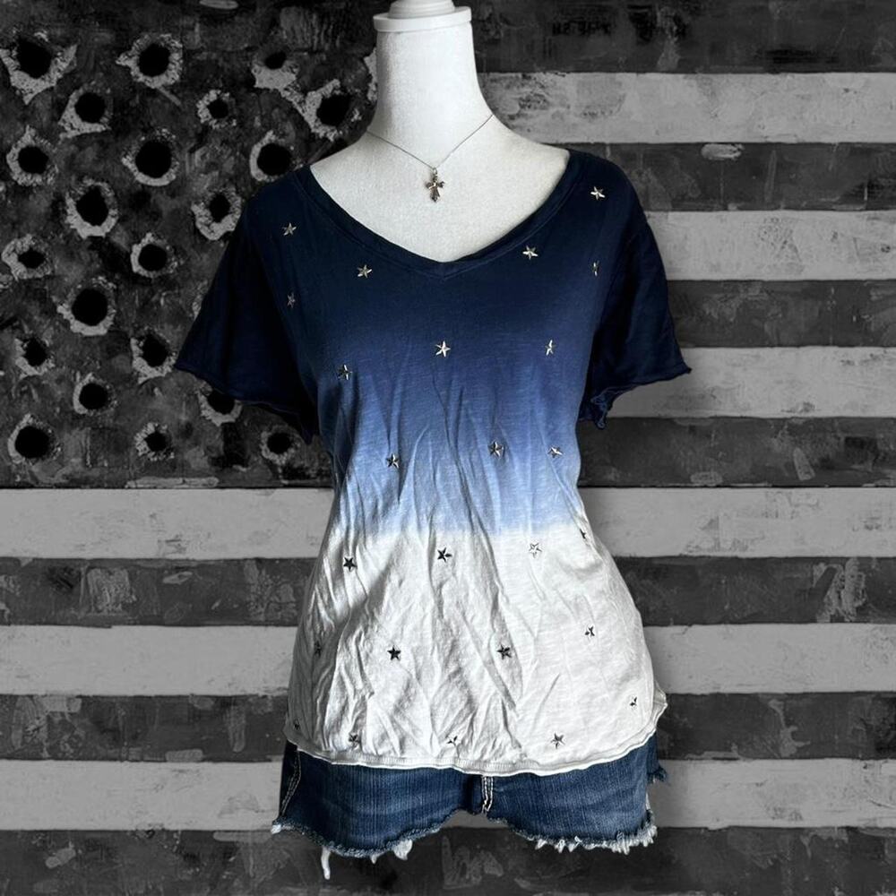 Dark navy to white ombre silver studded short sleeve shirt